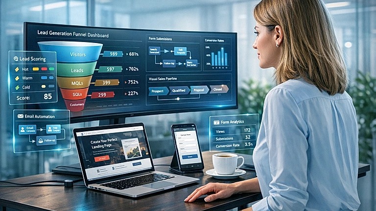 Leadgenerierung Website – Dashboard mit Conversion-Daten und Lead-Funnel auf modernem Bildschirm